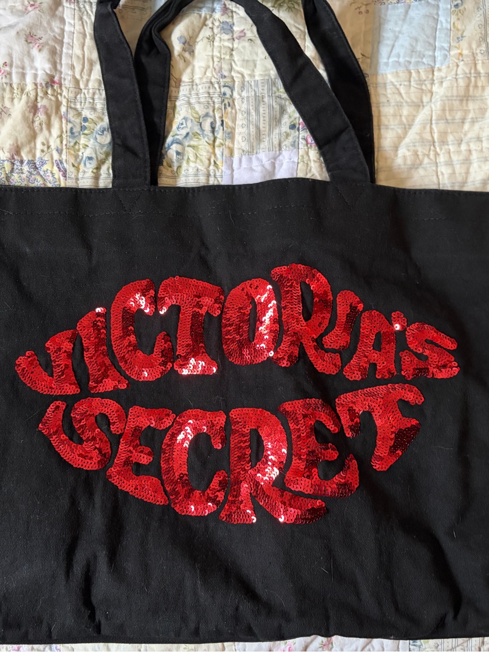 Victoria's Secret Oversized Black Tote with Red Sequin Lip Logo